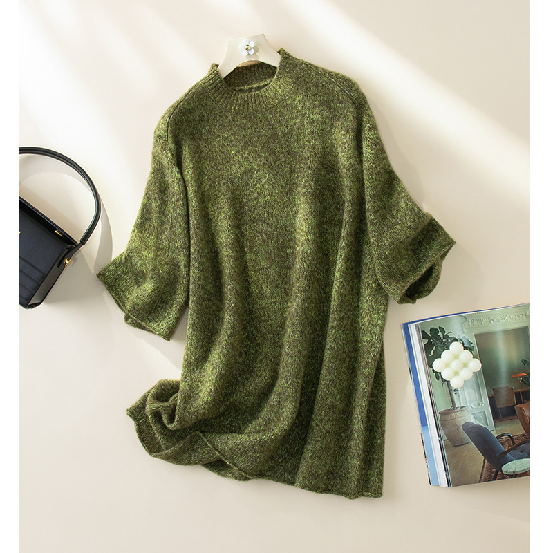 2025 Puyuan Autumn and Winter New Half Turtleneck Loose Mulberry Silk Wool Cashmere Mid-Sleeve Fashionable Knitwear Top for Women