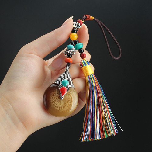 Retro Ethnic Creative Tibetan Alloy Car Ornament with Tassels, Car Air Freshener, Scenic Area Gift, Decorative Hanging Accessory