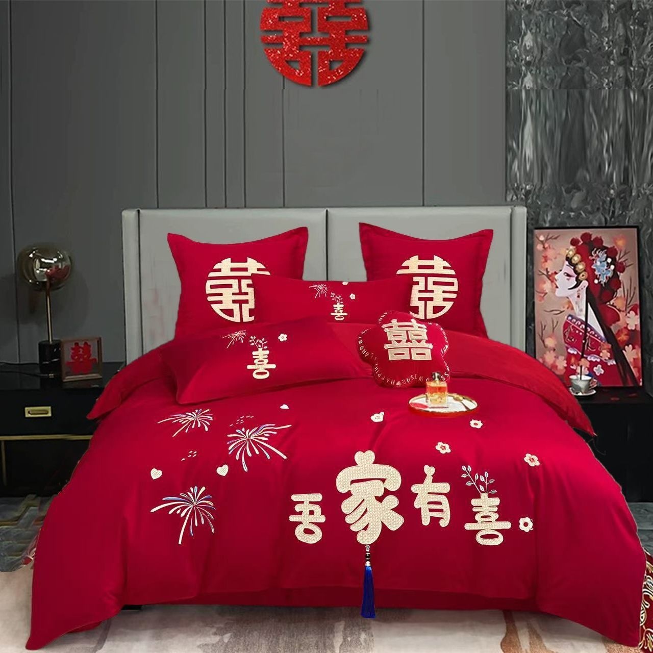 Cuatro piezas de boda china dragón-fénix bordado sábanas de boda rojas casa de boda colcha de cama image 23