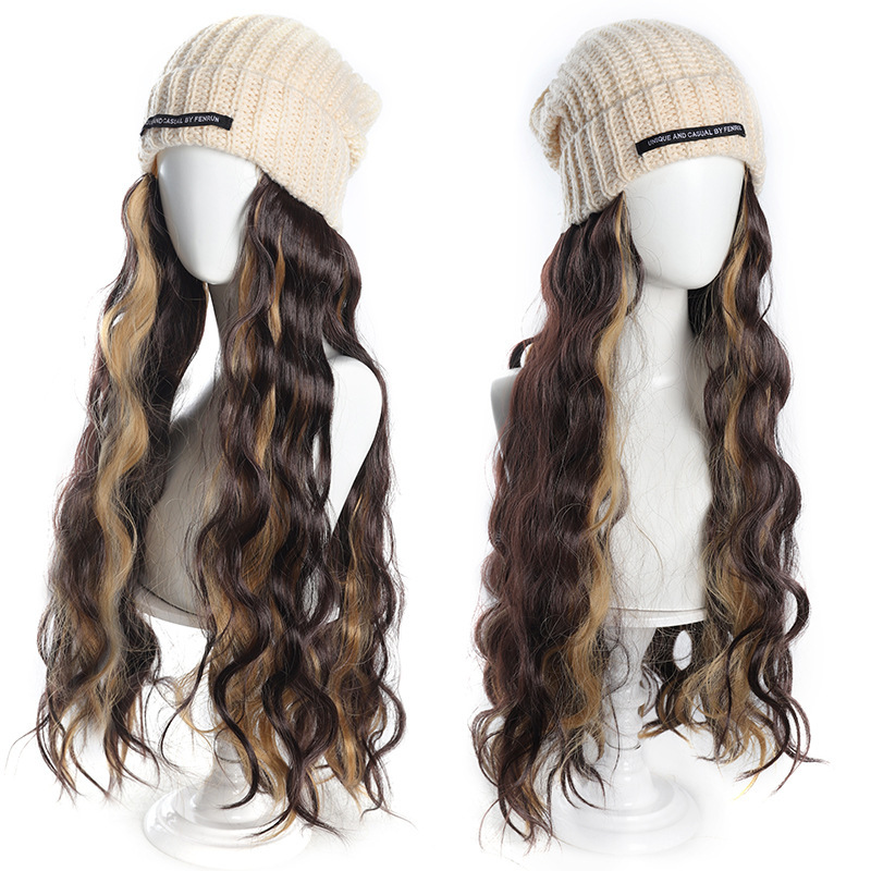 Cross-border long curly hair hat wig letter knitted hat long water corrugated curly hair integrated chemical fiber synthetic highlights wig Cross-border long curly hair hat wig letter knitted hat long water corrugated curly hair integrated chemical fiber synthetic highlights wig