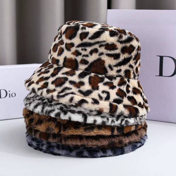 Plush Hat for Small Face, Warm Cross-Border Ins Bucket Hat for Women, Winter Leopard Print Versatile Fisherman Hat for Women
