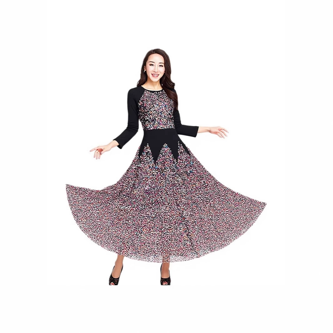 Платье с юбкой для современного танца, юбка с большим подолом, одежда для выступлений с длинными рукавами, одежда для выступлений в бальных танцах, современный танец