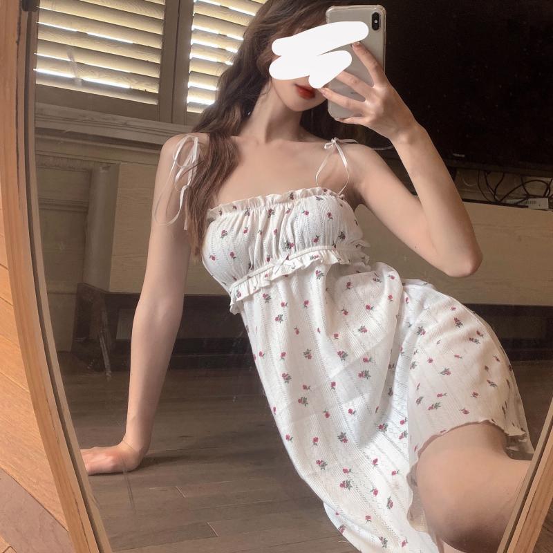 2025년 여름 신상품 일본 및 한국 스타일 파자마 여성 달콤하고 귀여운 작은 꽃 무늬 나이트드레스 서스펜더 스커트 드레스 홈 의류