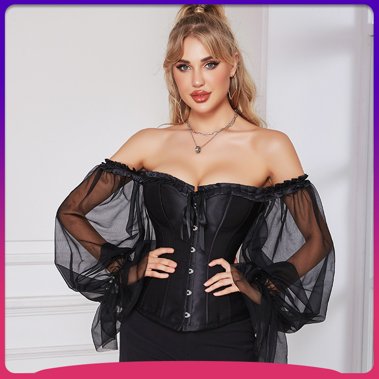 Foreign Trade New Style Women's Gathering Waist Court Shaper Super Long Lantern Sleeve Tunic Top Strapless Off-shoulder Dress