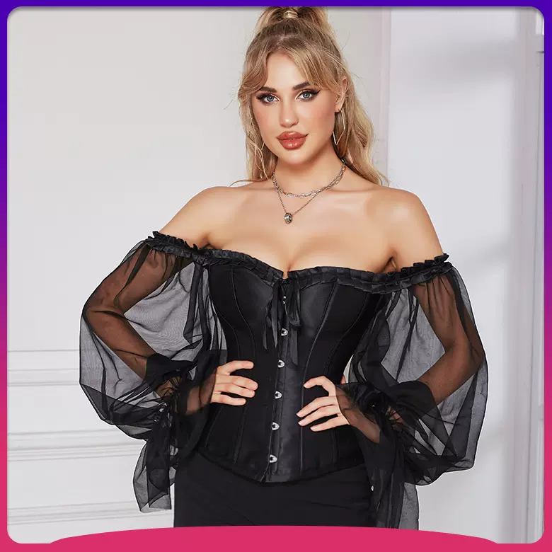 外贸新款女士聚拢收腰宫廷塑身衣超长灯笼袖束身上衣抹胸露肩礼服