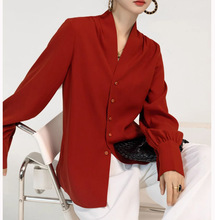 2023秋冬新款复古高级感红色法式衬衫女气质港风新中式上衣女