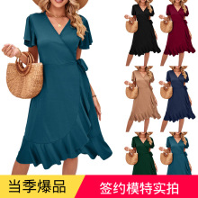 2023亚马逊夏季新款欧美性感交叉v领短袖系带连衣裙不规则紧身裙