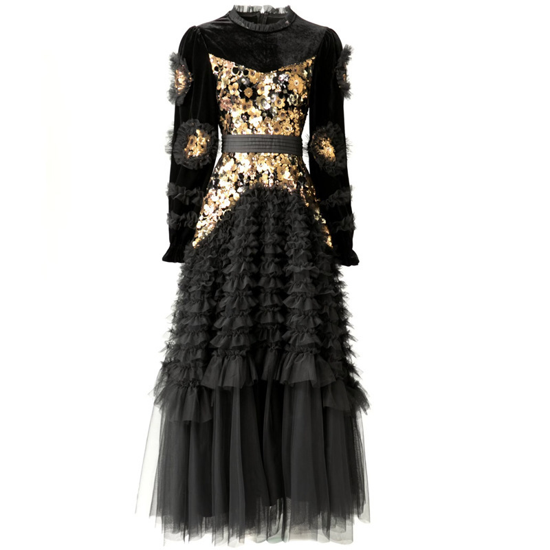 Jiani Heavy Industry Golden Sequin Embroider Long-Sleeved Ruffled Princess Velvet Dress European and American Women Autumn and Winter 20