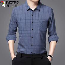 啄木鸟男士春秋款长袖衬衫丝光棉格子宽松休闲免烫抗皱衬衣