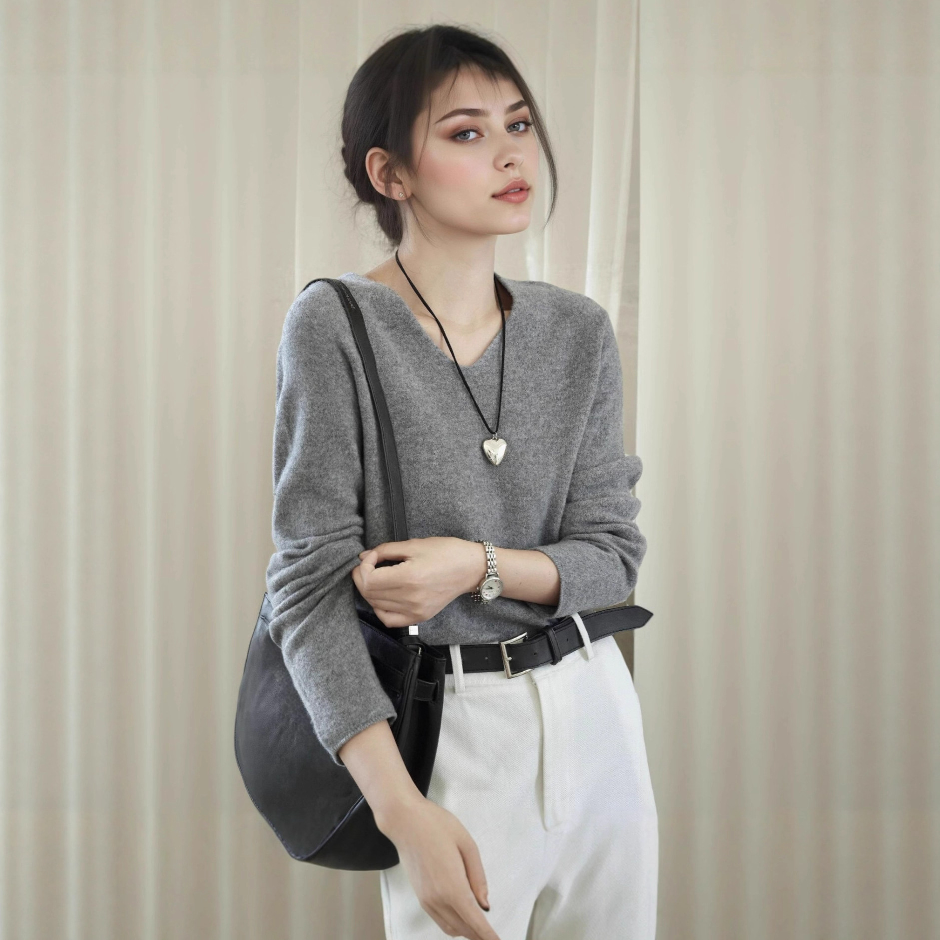 女式羊毛衫V领羊绒羊毛衫女上衣慵懒宽松长袖套头针织打底衫毛衣