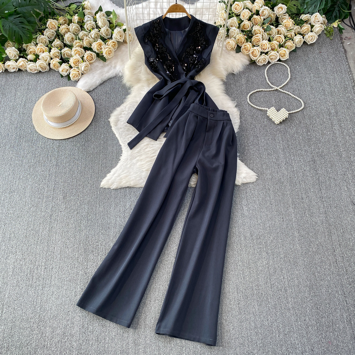 Elegant Embroidered Sequin V-Neck Waist-Defining Blazer & High-Waist Wide-Leg Trousers Two-Piece Set_ecoleips.com