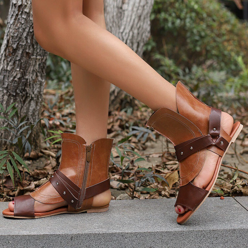Летние новые европейские и американские плоские римские сандалии женский большой размер кожаный ремень пряжка короткая трубка рыбий рот сандалии