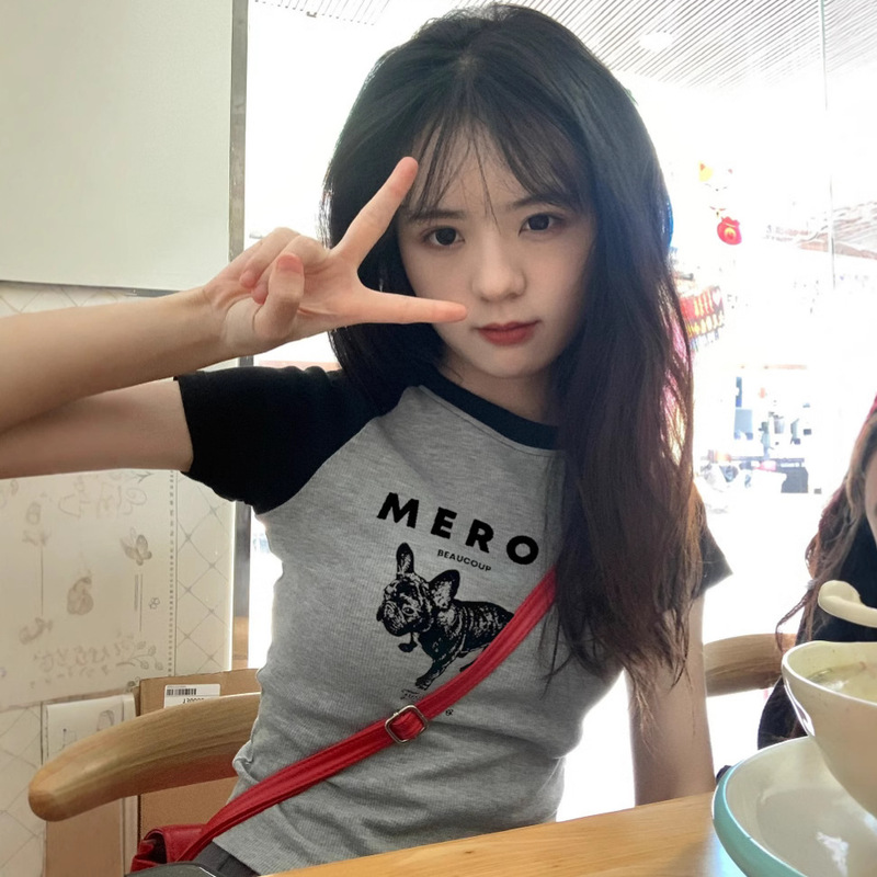 Jin Manqi summer women's clothing small rib short-sleeved T-shirt women's niche Raglan slim slimming short women's T-shirt