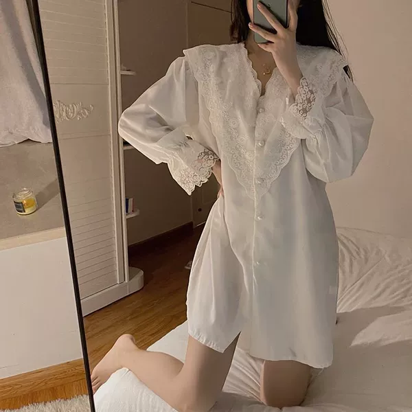 White long-sleeve, lace shirt, lace dress