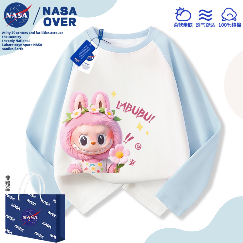 NASA拉布布元气上衣插肩纯棉长袖t恤2025秋季新款中大童百搭秋装|undefined