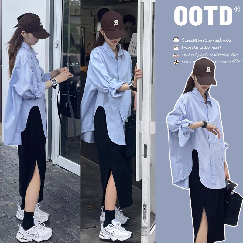 Spring New Design Maternity Shirt Top Loose Slit Dress Maternity Two-Piece Suit Spring