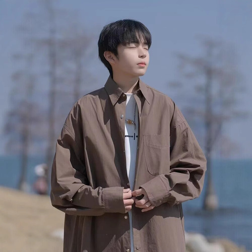 Black shirt, boys, summer, thin Japanese, solid color, long-sleeved shirt, high-end, fashionable, handsome coat, spring and autumn