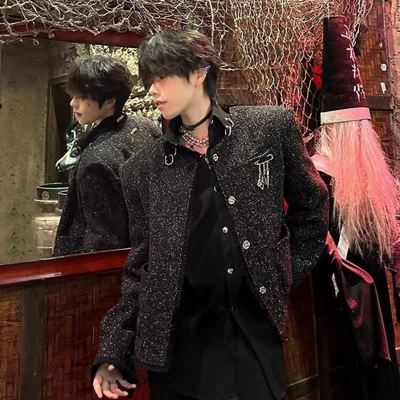Autumn and Winter Elegant Light Luxury Shiny Silk Chanel-Style Jacket for Men, Trendy Internet Celebrity Fashion with Shoulder Pads and Metallic Accessories Design