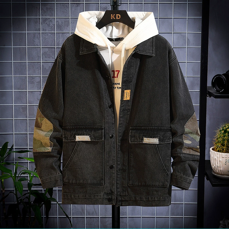 Autumn black denim camouflage jacket, oversize