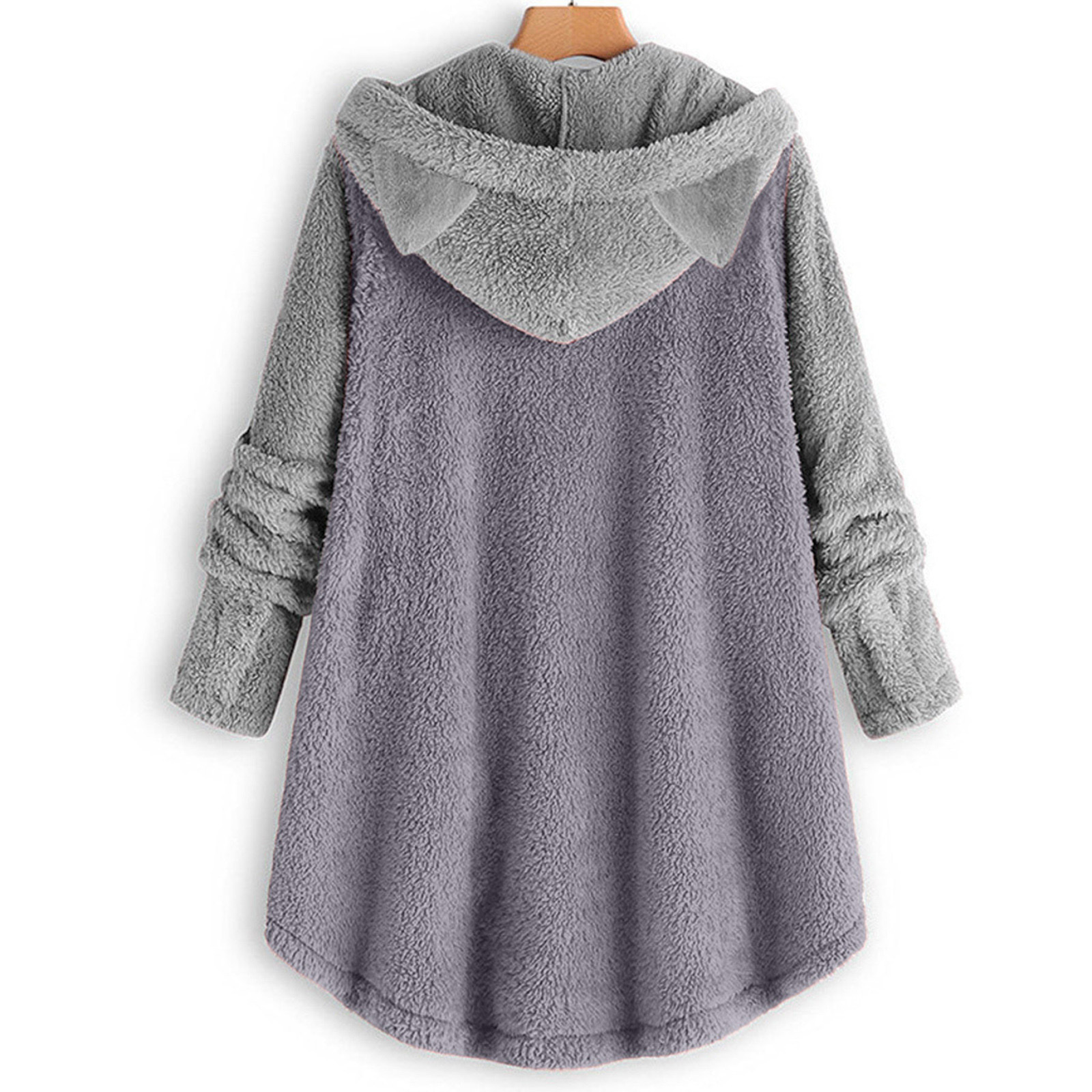 Women's Clothing autumn and winter button hooded cat ear plush top irregular brand color matching jacket for women_voghion.com