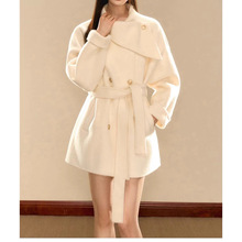 澳洲羊毛毛呢外套女2024新款冬季金扣细带中长款双面呢大衣