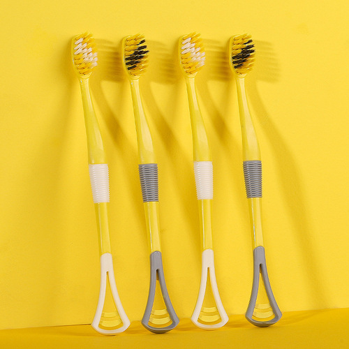 Little Yellow Duck household multifunctional 8-pack independent dust-proof barrel tongue scraper toothbrush two-in-one silicone material