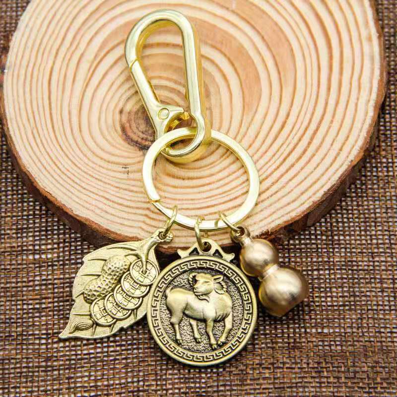 纯铜一叶生财葫芦黄铜钥匙挂件复古叶子福袋中国风创意礼品钥匙圈详情5
