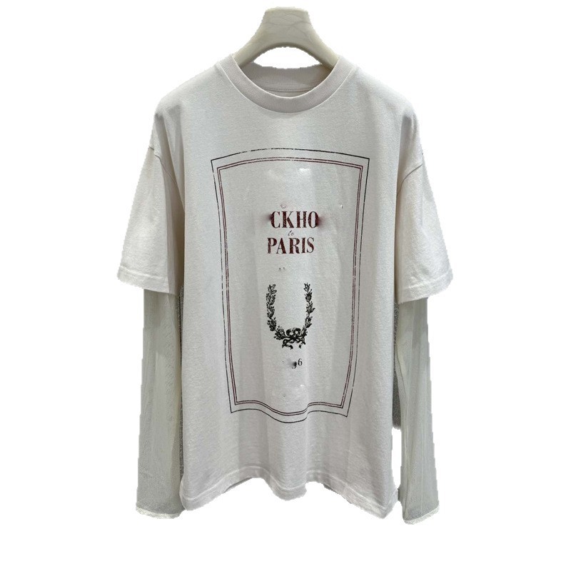 レタープリントフェイクツーピースメッシュ長袖Tシャツカジュアルルーズ万能ラウンドネックトップ初秋ZT62150|undefined