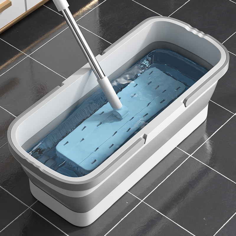 Folding Mop Bucket Household Double Handle Plastic Bucket Convenient Flat Mop Bucket with Wheeled Rectangular Cleaning Bucket