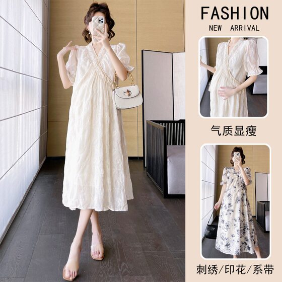 Maternity's Summer Dress Small Size Internet Popular Mid-length Ice Silk Niche Design Sense V-neck Bubble Short-sleeved Dress Trendy