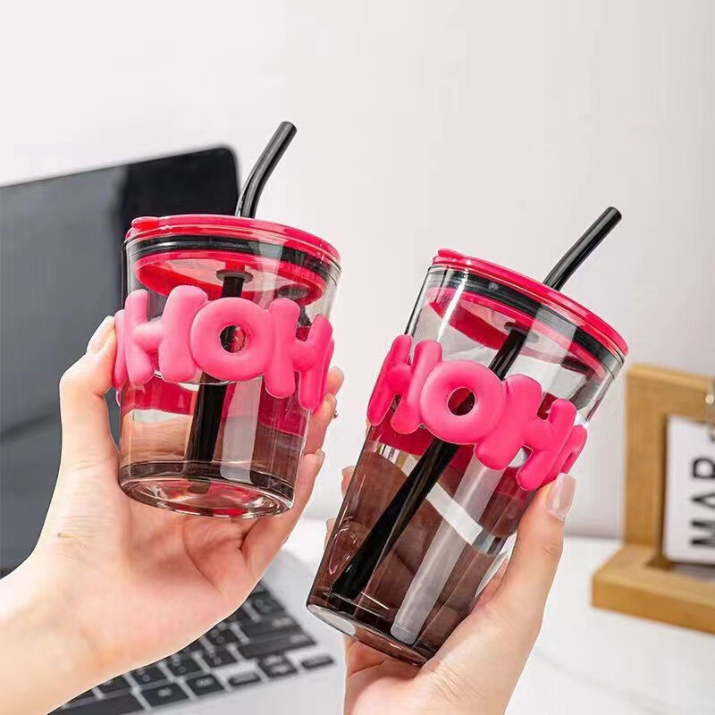Glass water cup female pink simple high-looking straw cup office home student double drinking cup portable cup