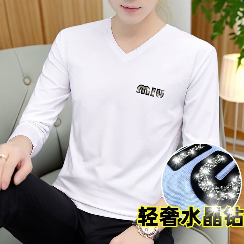 秋季长袖T恤男V领薄款中年上衣修身95棉打底衫内搭体恤潮流秋装