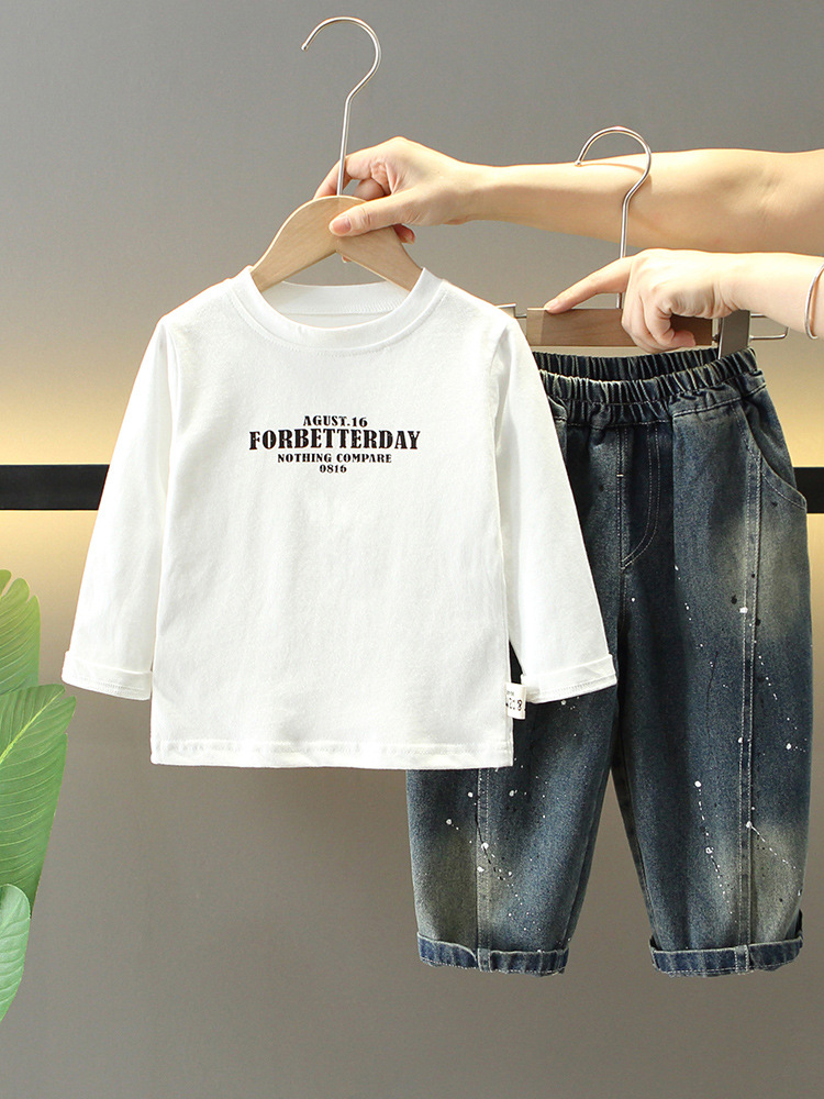 7057 traje de mezclilla para niños primavera y otoño 2025 nueva ropa de bebé de tres piezas de la calle frita y guapa para niños coreanos