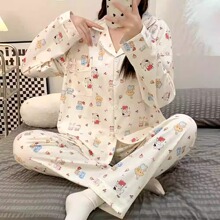 森贝儿睡衣女纯春秋季针织棉长袖可爱卡通加大码家居服套装可外穿