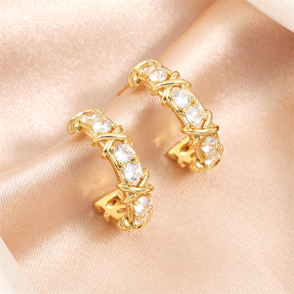 Cross-Border Hot-Selling European and American Style Fashion Cross-Row Diamond Women's Ring, Copper Zircon Gold-Plated Light Luxury Versatile Earrings