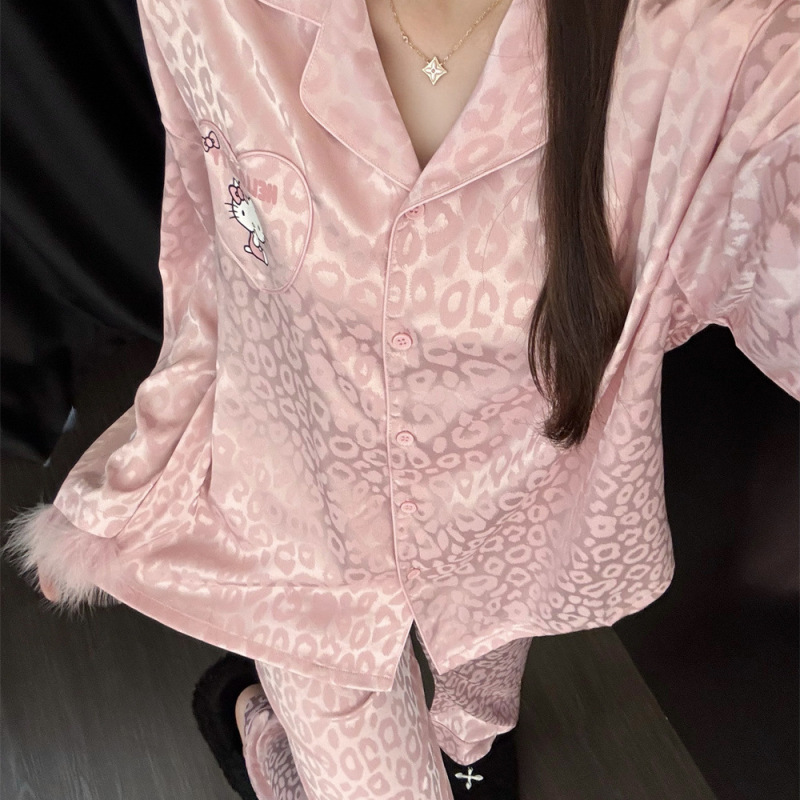 纯欲甜美卡通Kitty豹纹提花睡衣女秋季新款可爱粉宽松家居服套装|undefined