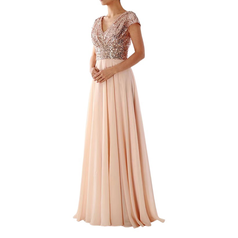 Vestido de noche largo con falda larga de gasa con lentejuelas y cuello en V, nuevo modelo de comercio exterior para el verano de 2025, deseado en Amazon. image 1