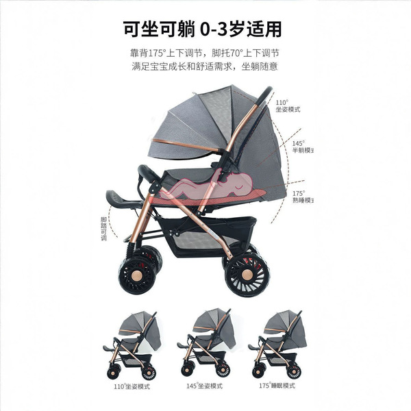 Folding children's stroller on four wheels with umbrella