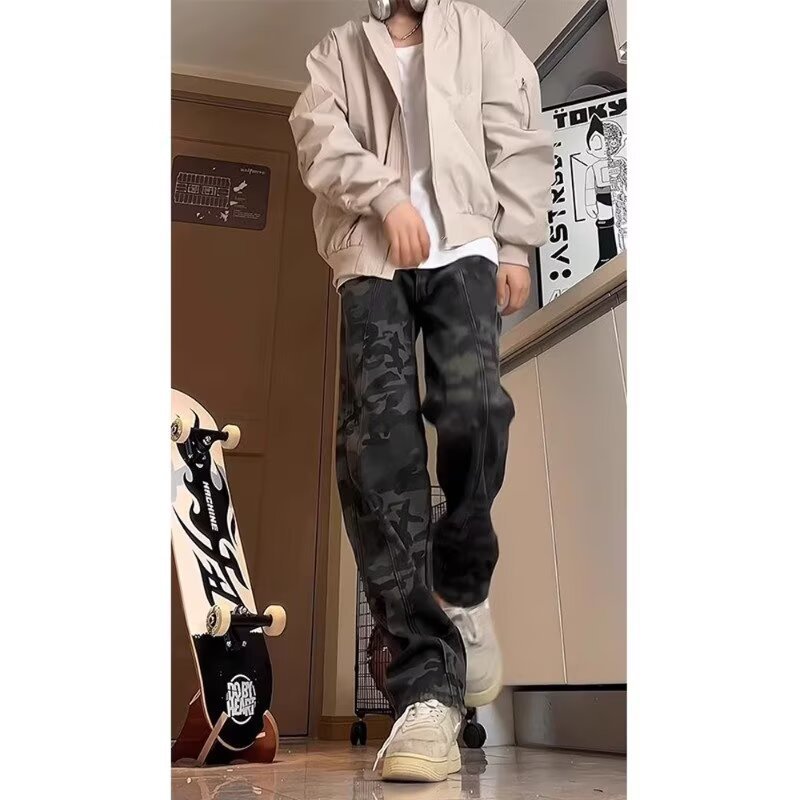 Jeans camuflados lavados con agua retro semi-elástico cintura rectas pantalones de trabajo estadounidenses sueltos delgados comercio exterior al por mayor transfronterizo