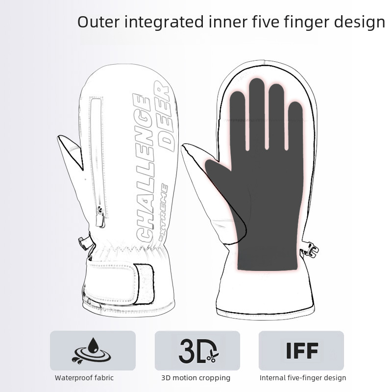 Ski gloves winter women's warm fleece-lined student veneer raccoon inner five finger riding Men's waterproof touch screen plus_maomaolike.com