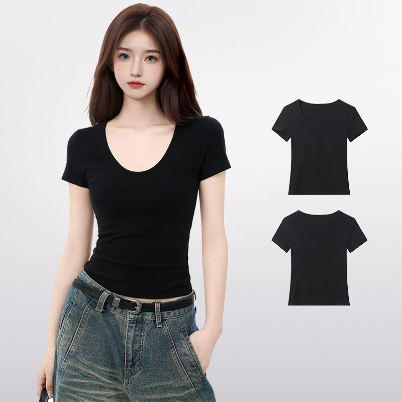 Black U-collar Shoulder Short-sleeved T-shirt Women's 2025 Summer Slim-fit Slimming Inner Base New Cotton Top