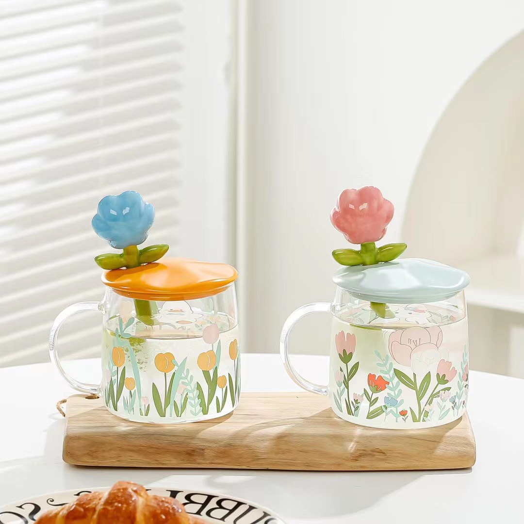Creativo personalizado Flor de vidrio con tapa cuchara pequeño animal fresco de alto aspecto chica regalo casa taza