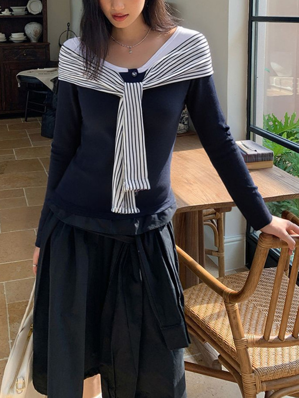 韩系假两件海军领条纹长袖t恤女秋季收腰显瘦设计感撞色打底上衣|undefined
