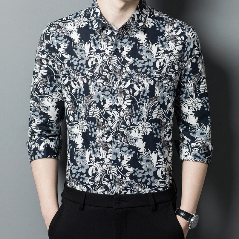 Camisas jóvenes de mediana edad de alta gama para hombres primavera y otoño tendencia floral coreana camisa de algodón nueva camisa floral de manga larga