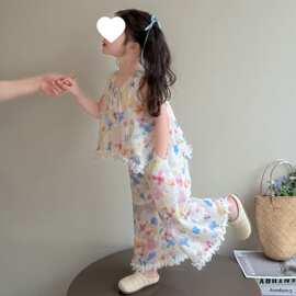 女童夏季套装2026新款儿童洋气时髦薄款花边宝宝无袖阔腿裤两件套