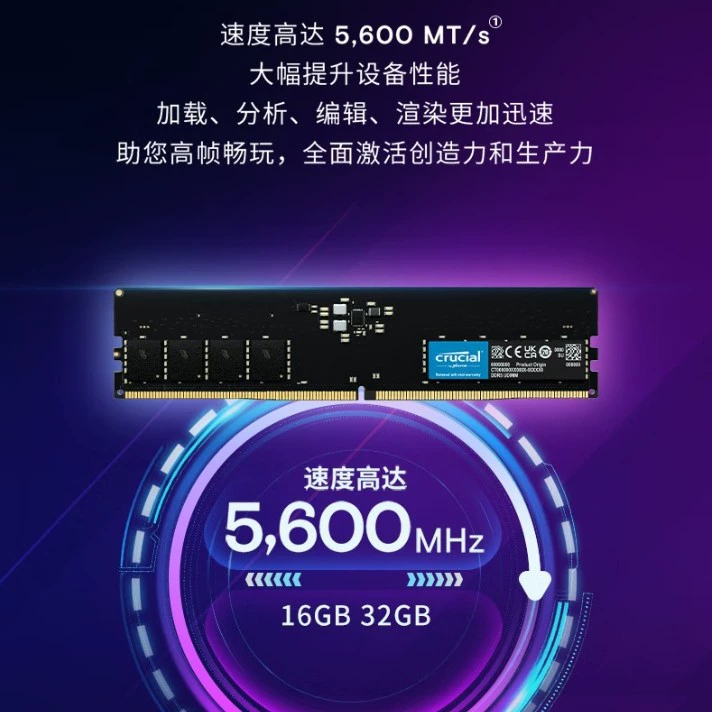 Модуль памяти DDR5 (Crucial) 5600 МГц, одиночный 16 ГБ или 32 ГБ
