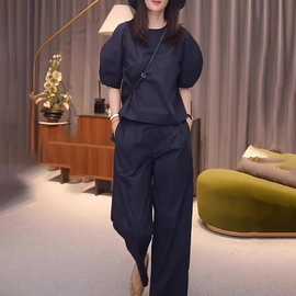 欧货高级感藏蓝色短袖女2025年夏季新款洋气显白别致休闲遮肉套装