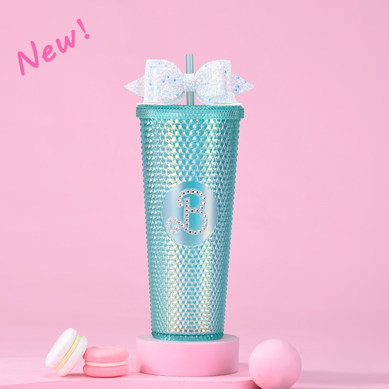 Taza de paja de plástico de doble capa 710ml taza de paja de gran capacidad con brillo arco mano taza Durian taza