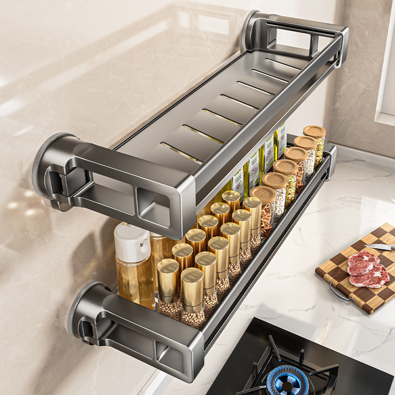 Hidden Suction Cup Kitchen Storage Rack Cream Style Wall-Mounted Wall Condiments Household Multi-Functional Storage Condiments