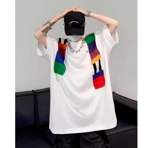 Funkixia Color Block Oversize Design Embroidered Crew Neck Streetwear Loose Short Sleeve T-Shirt for Men and Women